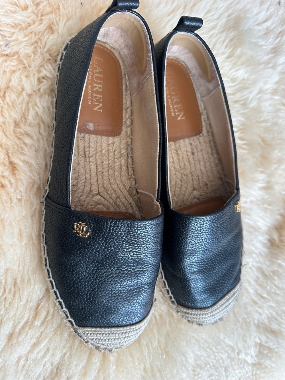 Ralph Lauren Black Leather Espadrille Slip-Ons with Gold RL Logo